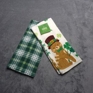 Celebrate Together St. Patricks Day Cat & Plaid Kitchen Towel Set 15x26 In